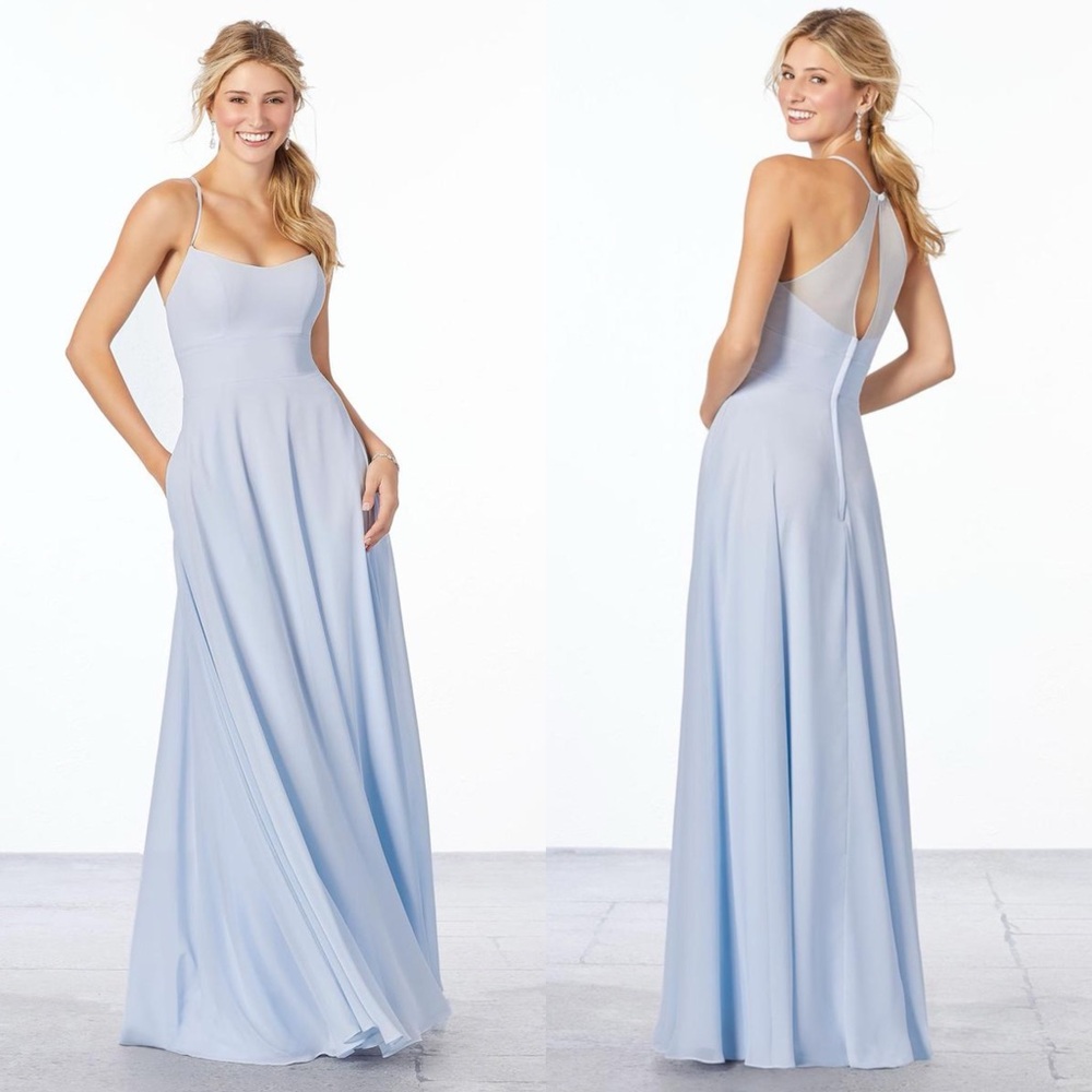 MORI LEE Bridesmaids 21655 Chiffon Fog Light Blue Maxi Dress Gown Size‎ 10